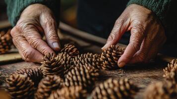 Aged hands meticulously arranging pine cones on a rustic work surface. photo