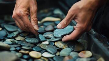 Close-up view of hands arranging small stones. photo
