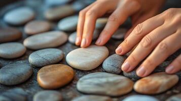 Close-up view of hands arranging smooth stones on a surface. photo