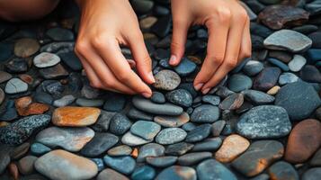Close-up view of hands arranging stones on the ground. photo
