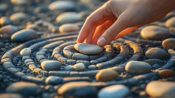 A hand placing a stone in a patterned stone circle design. photo