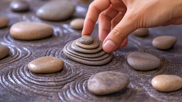 A hand arranging small stones in precise zen garden formations. photo