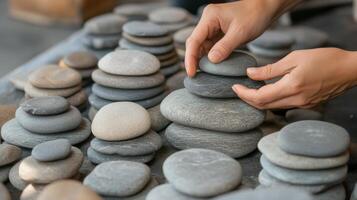 Hands carefully arrange smooth stones into balanced stacks. photo