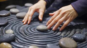 Hands arranging smooth stones in a circular pattern. photo