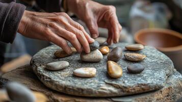 Close-up of hands arranging stones on a stone surface. photo