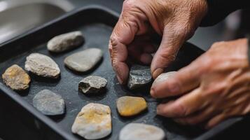 Aged hands carefully arranging small stones on a tray. photo