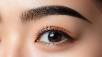 Close-up view of a woman's eye and eyebrow area. photo