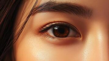 Close-up view of a woman's eye and facial features. photo