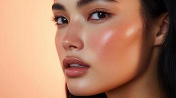 Close-up portrait of a young woman with a soft, warm glow. photo