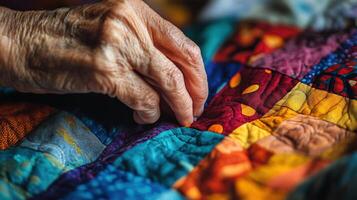 Close-up view of wrinkled hands meticulously crafting a patchwork quilt. photo