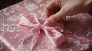 Tender hands adjust a delicate pink ribbon bow. photo