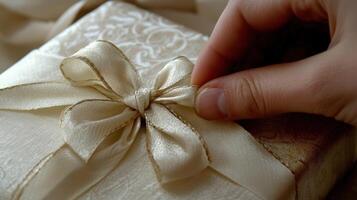 A hand meticulously adjusts a delicate cream ribbon bow on a gift box. photo