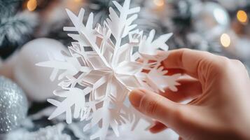 A delicate paper snowflake held by a hand. photo