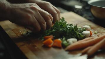 Close-up view of hands preparing fresh vegetables on a wooden cutting board. photo