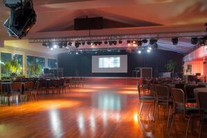 Spacious Event Hall with Wooden Flooring and Stage photo