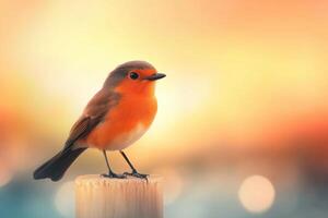 A Robin Perched on a Wooden Post at Sunrise photo
