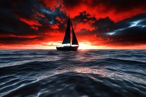 Fiery Sunset Over the Ocean with a Sailing Boat photo