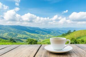 Serene Mountain View with a Cup of Tea photo
