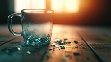 Shattered Glass Mug on Wooden Table A Moment of Fragility photo