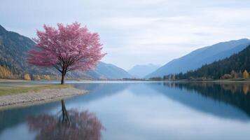 Serene Pink Blossom Tree by a Calm Lake in Mountains photo