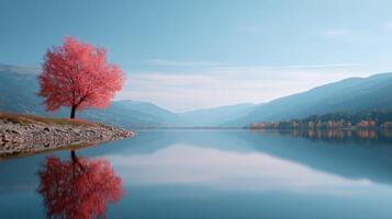 Serene Pink Tree Reflecting on a Calm Lake, Majestic Mountains in the Background photo
