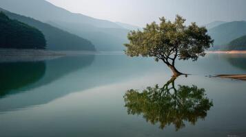 Serene Lakeside Scene A Majestic Tree Reflecting on Tranquil Water photo