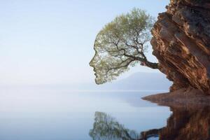 Serene Lakeside Landscape with a Tree Face Profile photo
