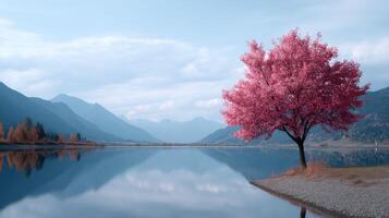 Serene Pink Tree by a Calm Lake, Mountain View photo