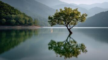 Serene Lakeside Tree Reflection A Tranquil Nature Scene photo