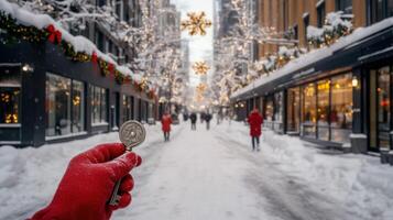 Snowy City Street with Christmas Decorations and a Key photo