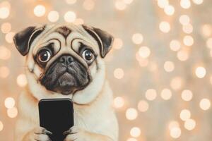 Pug Holding Smartphone Adorable Pet with Tech photo
