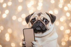 Pug Dog Holding Phone, Funny Expression, Festive Bokeh Background photo