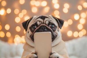 Pug Dog Using a Mobile Phone Festive Holiday Cheer photo
