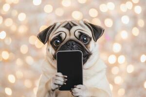 Pug Holding Smartphone A Cute and Playful Christmas Portrait photo