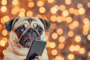 Pug Dog with Smartphone Adorable Pet Using Technology photo