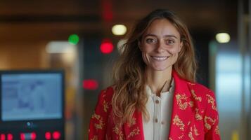 Smiling Woman in Red Jacket A Confident Professional photo