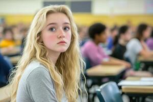 Teenage Girl in Classroom, Deep in Thought photo