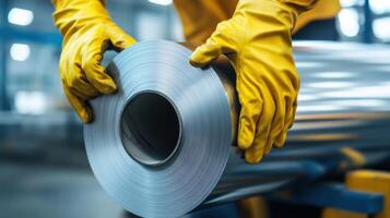 Metal Coil Handling in a Manufacturing Facility. Industrial worker carefully handling a metal roll photo