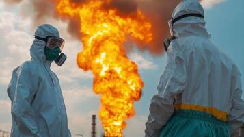 Industrial workers in protective gear face a large fire. Safety first in hazardous situations. photo