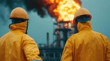Workers in Protective Gear Observe a Major Industrial Fire photo