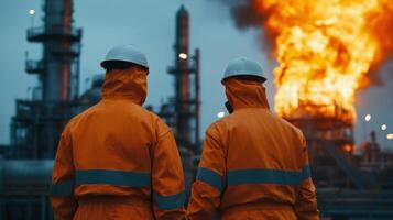 Industrial Workers Observe a Major Fire at the Oil Refinery photo