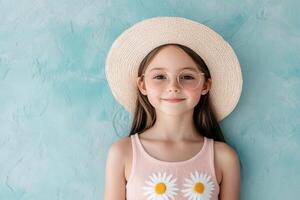 Smiling Girl in Straw Hat and Glasses, Perfect Summer Portrait photo