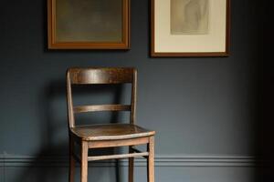 Vintage Wooden Chair in a Stylish Dark Room with Artwork photo