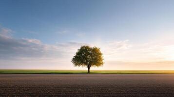 Solitary Tree at Sunrise in a Vast Field photo