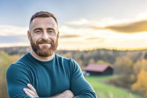 Smiling Man in a Teal Sweater Posing Outdoors photo