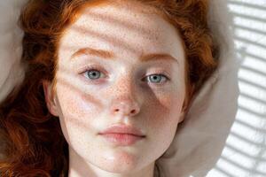 portrait of a captivating woman with freckles and a serene expression. A study in natural beauty. photo