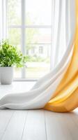 Elegant Yellow and White Curtains Draped near Window in Bright Room Interior Design photo