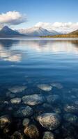 Serene Lake Landscape Crystal Clear Water Reflecting Majestic Mountains and Sky photo