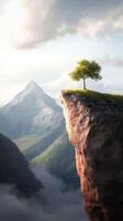 Majestic Mountain Landscape A lone tree stands on a cliff overlooking a breathtaking valley, creating a serene and awe inspiring scene. The dramatic view captures the beauty of nature at its finest. photo