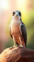 Majestic Falcon A Portrait of a Wild Bird of Prey. This stunning image captures the bird's intense gaze and intricate feather details against a soft, natural background. photo